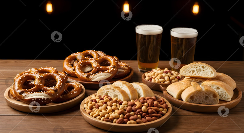 Скачать Пивные бокалы с солеными крендельками, хлебом и ореховой смесью на деревянном столе фотосток Ozero