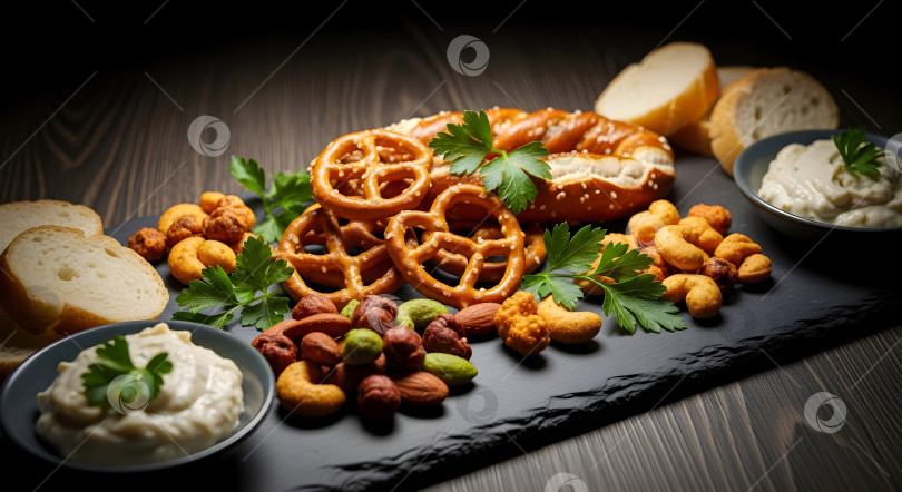 Скачать Соленые крендельки с орехами, ломтиками хлеба и сливочным соусом выложите на блюдо, украсив зеленью петрушки фотосток Ozero