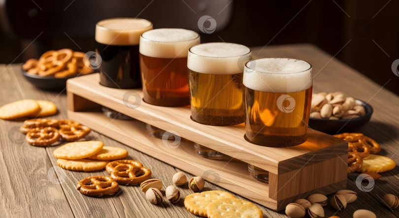 Скачать Набор различных сортов крафтового пива в бокалах с различными закусками на деревянной доске в баре. фотосток Ozero