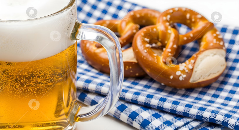 Скачать Полная кружка пива с пенкой и два соленых кренделька на клетчатой салфетке фотосток Ozero