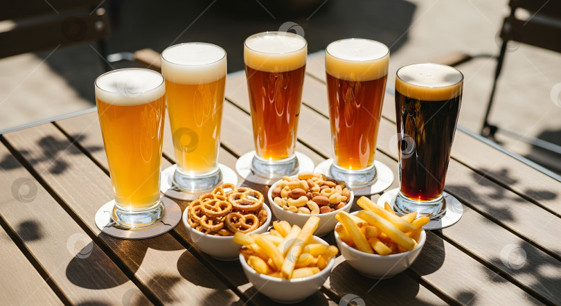 Скачать Набор различных сортов крафтового пива в бокалах с различными закусками на деревянной доске в баре. фотосток Ozero