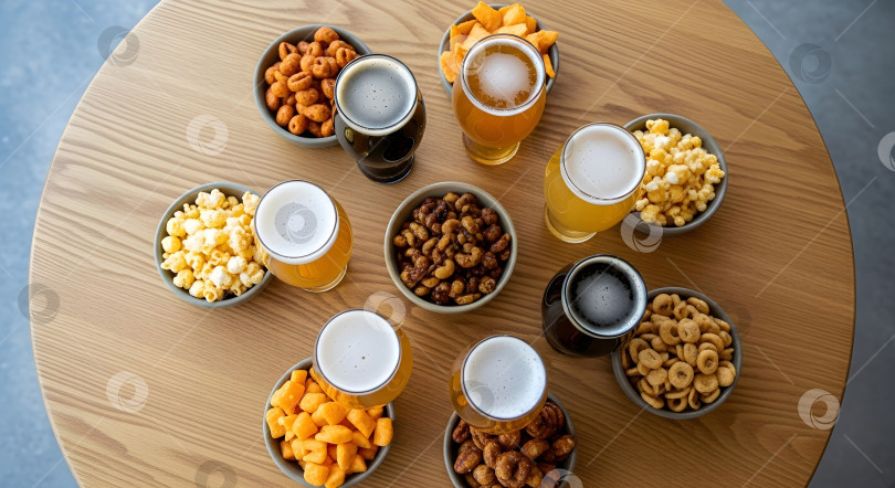Скачать Набор различных сортов крафтового пива в бокалах с различными закусками на деревянной доске в баре. фотосток Ozero