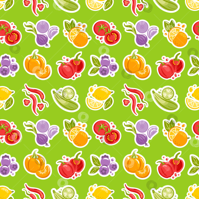 Скачать Бесшовный узор из ярких овощей и фруктов, смелые формы, игривые цвета, четкие векторные линии - все это идеально подходит для создания фона и упаковки. фотосток Ozero