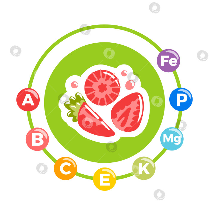 Скачать Клубника подчеркивает свои витамины и минералы яркими, глянцевыми формами плодов, свежими зелеными листьями и тонкими значками питательных веществ, выполненными в виде четкой векторной иллюстрации. фотосток Ozero