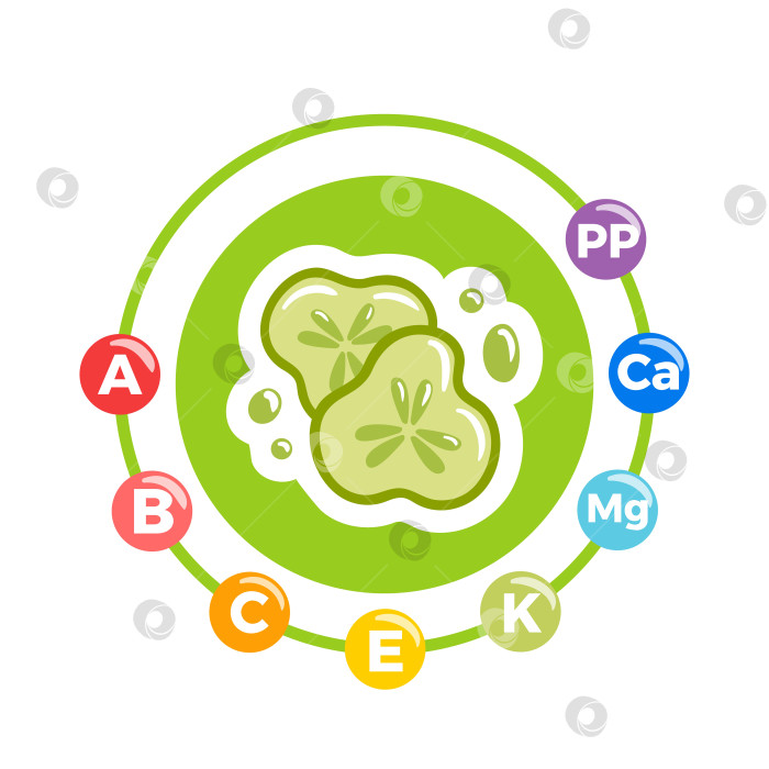 Скачать Огурец с повышенным содержанием витаминов и минералов, с хрустящими зелеными стеблями, блестящими нарезанными кусочками и тонкими значками питательных веществ, выполненными в виде четкой векторной иллюстрации. фотосток Ozero