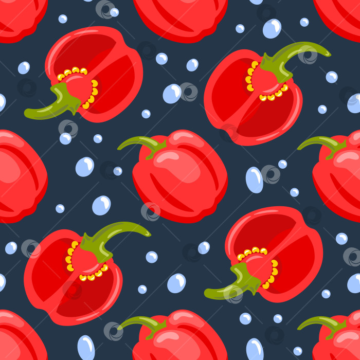 Скачать Бесшовный узор из капель воды из сладкого красного перца, глянцевых сфер с яркими красными оттенками и тонкими бликами идеально подходит для современного, свежего брендинга. фотосток Ozero