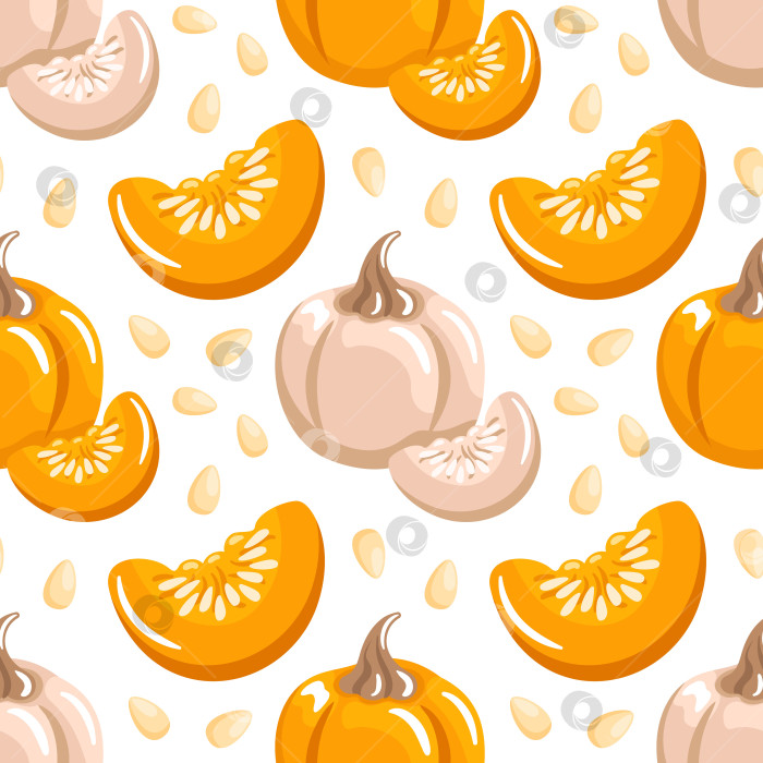 Скачать Бесшовный векторный узор из кусочков тыквы и семечек, теплые оранжевые тона, четкие края и тонкие тени создают уютную деревенскую текстуру. фотосток Ozero