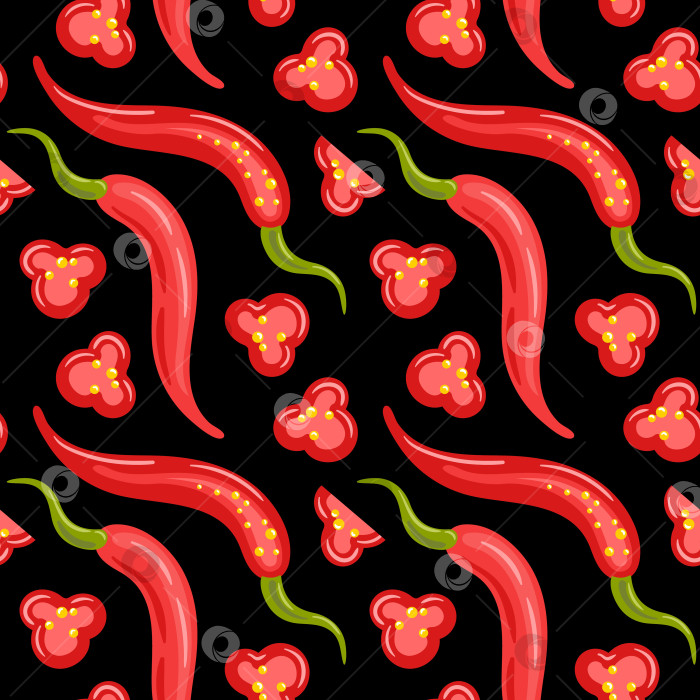 Скачать Бесшовный узор из красного перца чили с глянцевой поверхностью, яркими алыми оттенками и четкими формами создает пикантную, энергичную текстуру. фотосток Ozero