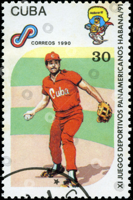 Скачать КУБА - ОКОЛО 1990 года: Почтовая марка с изображением КУБЫ, Панамериканских игр 1991 года в Гаване, Куба, бейсбольный спорт, около 1990 года фотосток Ozero