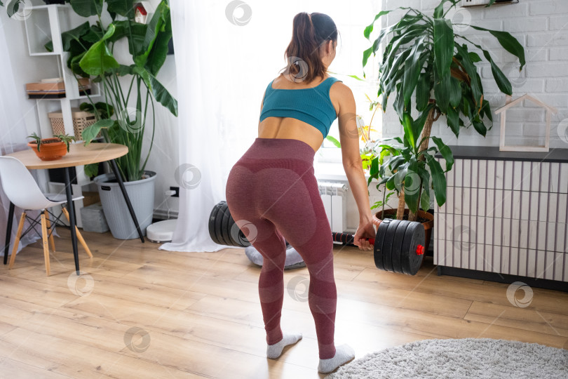 Скачать Женщина в спортивной форме занимается фитнесом и силовыми тренировками со штангой и гантелями у себя дома в интерьере фотосток Ozero