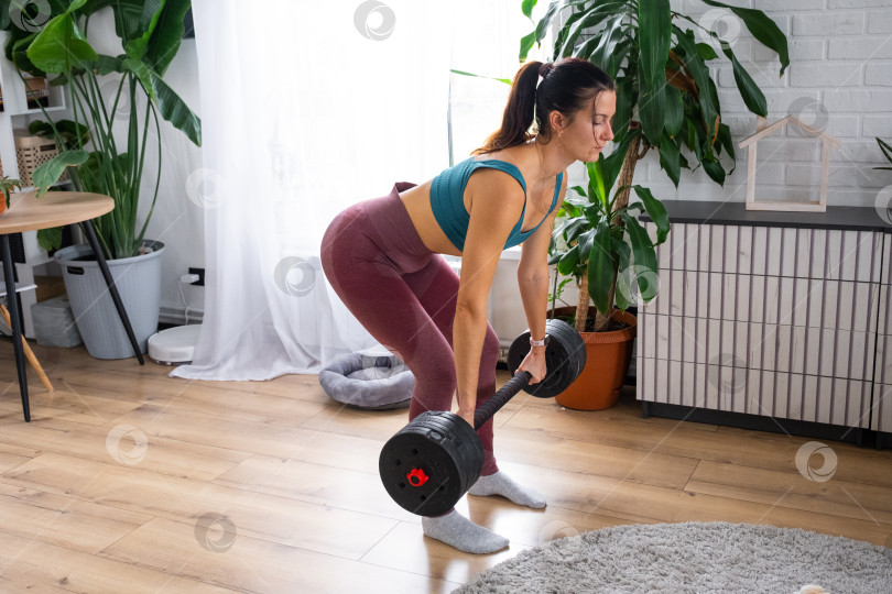 Скачать Женщина в спортивной форме занимается фитнесом и силовыми тренировками со штангой и гантелями у себя дома в интерьере фотосток Ozero