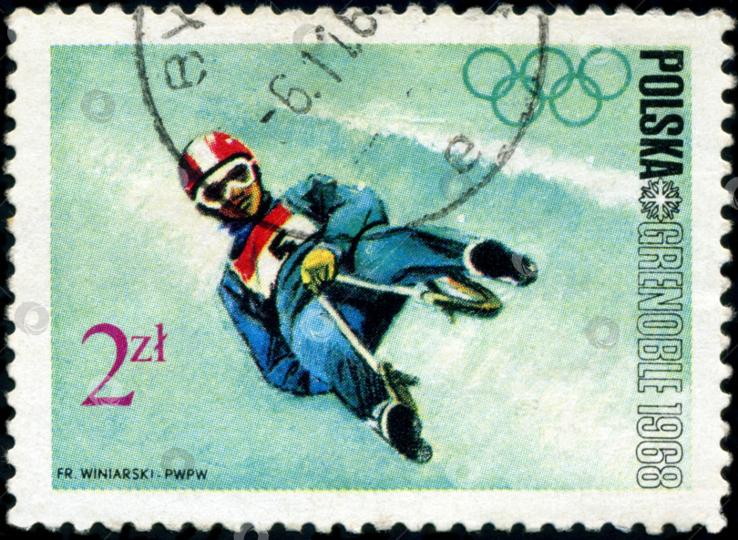Скачать ПОЛЬША - ОКОЛО 1968 года: Зимние Олимпийские игры 1968 года. Спуск на санях, около 1968 года фотосток Ozero