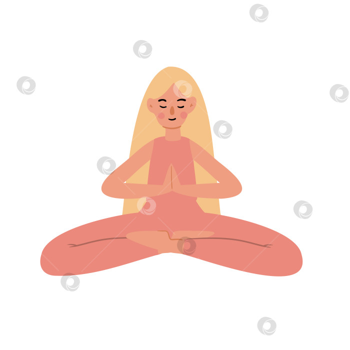 Скачать Плоская векторная иллюстрация белой блондинки, медитирующей в позе лотоса. Практикующая женщина сидит, скрестив ноги, руки в молитвенном жесте, йога и осознанность успокаивают характер. фотосток Ozero