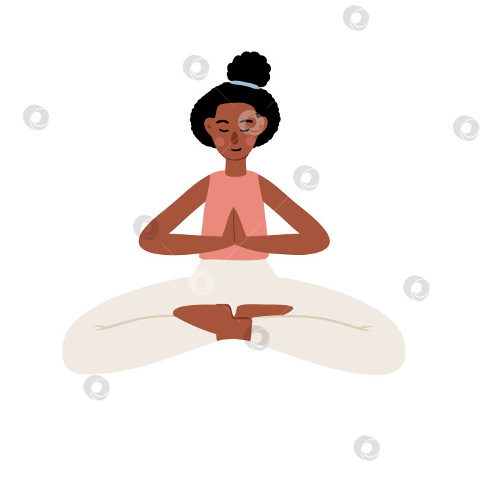 Скачать Плоская векторная иллюстрация афроамериканской девушки, медитирующей в позе лотоса. Женский персонаж с прической в виде пучка спокойно сидит, практикуя йогу, осознанность, хорошее самочувствие и умиротворение. фотосток Ozero