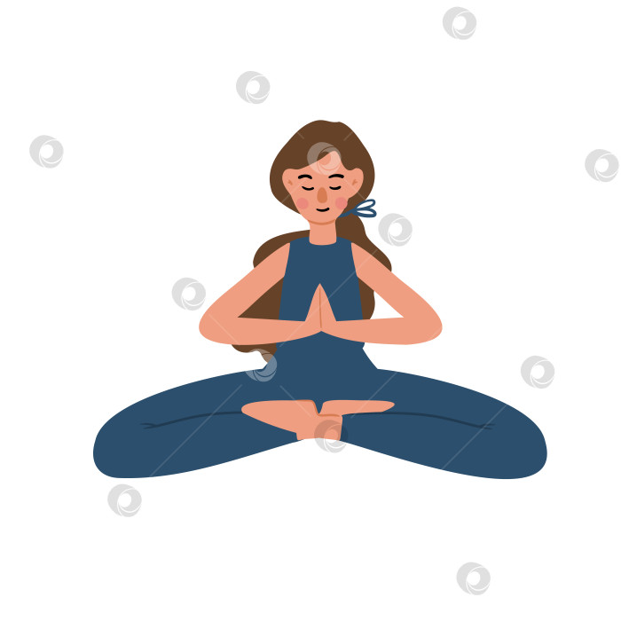 Скачать Плоская векторная иллюстрация белой девушки-брюнетки в позе лотоса для йоги. Женщина-медитатор сидит с закрытыми глазами, сложив руки вместе, с мирным осознанным характером и спокойным лицом. фотосток Ozero