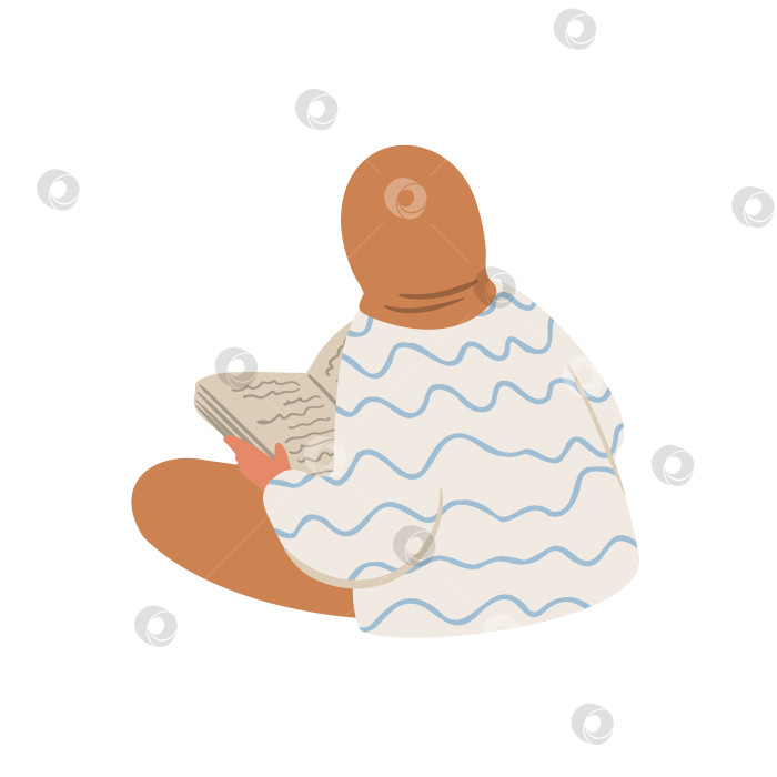 Скачать Плоская векторная иллюстрация мусульманки в хиджабе, сидящей на полу спиной к зрителю и читающей книгу. Молодая студентка или читательница сосредоточена на литературе, спокойном и простом образе жизни. фотосток Ozero