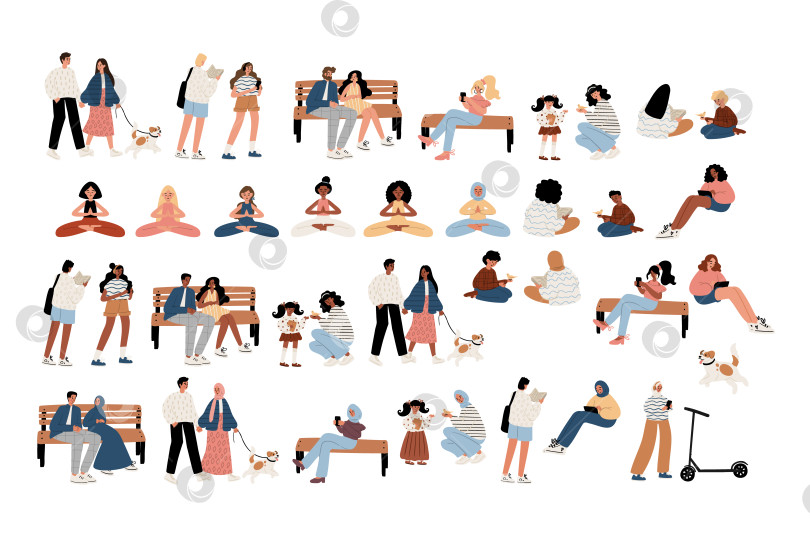 Скачать Набор иллюстраций, на которых изображены люди разных национальностей и культур, отдыхающие в парке. Мужчины, женщины и дети гуляют, читают, занимаются йогой, сидят на скамейках и играют с собаками. Плоская векторная графика. фотосток Ozero