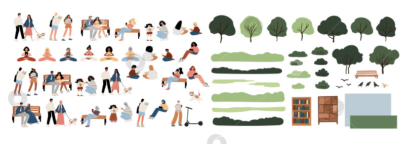 Скачать Мультикультурные люди в коллекции клипартов городского парка. Мужчины и женщины читают книги, занимаются йогой, выгуливают собак среди деревьев. Разнообразное сообщество в гармонии с природой. Плоская векторная иллюстрация. фотосток Ozero