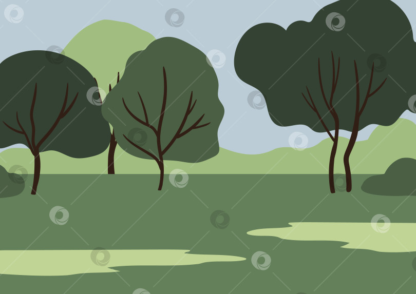 Скачать Иллюстрация зеленого парка с высокими деревьями, кустами и мягкими тенями на траве под ярко-голубым небом. Летний лесной пейзаж передает мирное и расслабляющее настроение в окружении природы. Плоская векторная графика. фотосток Ozero