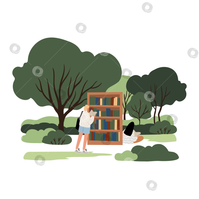 Скачать Плоская векторная иллюстрация парка: блондин, выбирающий книгу в библиотеке на открытом воздухе, темноволосая женщина, сидящая на траве и читающая. Зеленая зона с деревьями и природой, спокойная атмосфера отдыха. фотосток Ozero