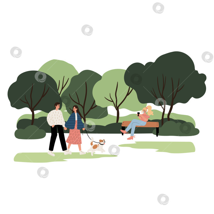 Скачать Плоская векторная иллюстрация парка: Кавказская пара выгуливает собаку на зеленой лужайке, европейская блондинка сидит на скамейке и разговаривает по телефону. Деревья, природа, зона отдыха на открытом воздухе, общественное пространство, пленэр. фотосток Ozero
