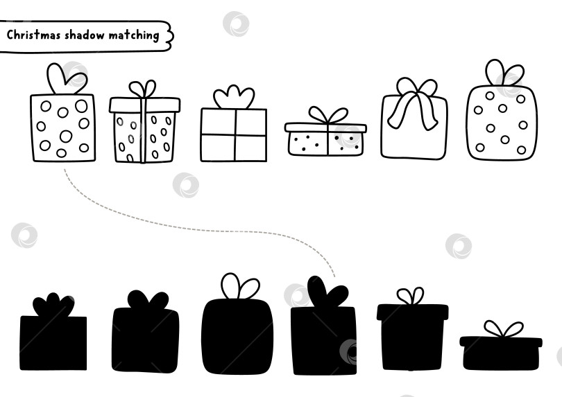 Скачать Задание по подбору черно-белых теней в рождественской деревне с помощью милых подарочных коробочек. Пазл с подарками для зимних праздников. На Новый год найди правильный силуэт - лист для печати, игра, раскраска фотосток Ozero