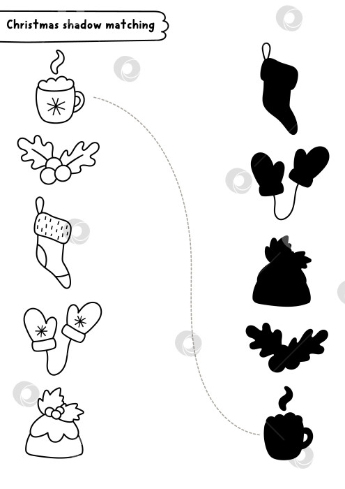 Скачать Задание по подбору черно-белых теней в рождественской деревне с какао, святыней, чулками, варежками, тортом. Пазл "Зимняя праздничная линия". Рабочий лист, игра, раскраска "Найди правильный силуэт на Новый год". фотосток Ozero