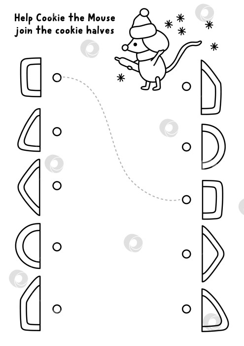 Скачать Упражнение по подбору черно-белого цвета в рождественской деревне и распознаванию формы с помощью мышки, пряничного печенья. Пазл "Зимние каникулы" с половинками печенья. Новогодний рабочий лист, раскраска фотосток Ozero