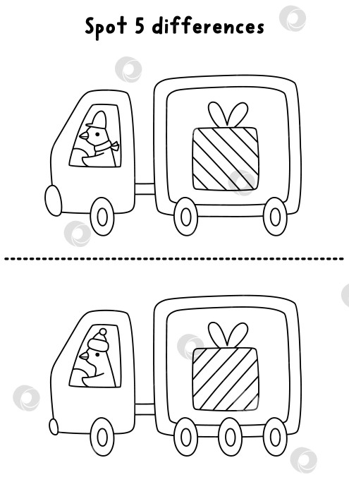 Скачать Рождественская игра "найди отличия". На зимних каникулах черно-белое развивающее занятие с птицей, управляющей грузовиком с подарком. Раскраска для детей с новогодним персонажем для печати фотосток Ozero