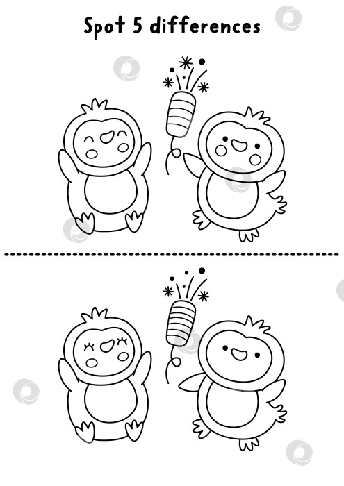 Скачать Рождественская онлайн-игра "найди отличия" для детей. Черно-белое развивающее занятие "Зимние каникулы" с пингвинами. Рабочий лист для печати, раскраска для детей с новогодним персонажем фотосток Ozero