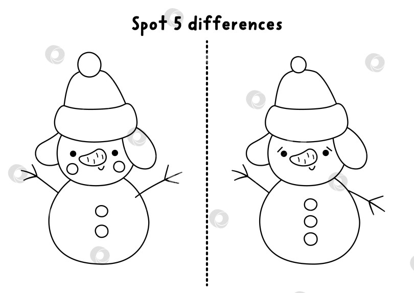 Скачать Рождественская игра "найди отличия" для детей. Черно-белое развивающее занятие "Зимние каникулы" со снеговиком. Пазл для детей с новогодним персонажем. Рабочий лист для печати, раскраска фотосток Ozero