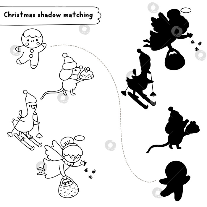 Скачать Задание по подбору черно-белых теней в рождественской деревне с пряничным человечком, ангелочком, гусем. Пазл "Зимние каникулы". Новогодний лист для печати, игра, раскраска "Найди правильный силуэт". фотосток Ozero