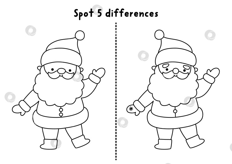Скачать Рождественская игра "найди отличия". Новогоднее черно-белое развивающее занятие с Санта Клаусом. Симпатичная головоломка для детей с новогодним персонажем. Рабочий лист для печати, раскраска фотосток Ozero