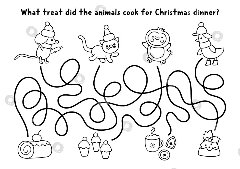 Скачать Черно-белый лабиринт в рождественской деревне с милыми животными, готовящими угощения на ужин. Игра-лабиринт с мышью, кошкой, гусем, пингвином. Задание для печати на зимние праздники, рабочий лист, раскраска фотосток Ozero