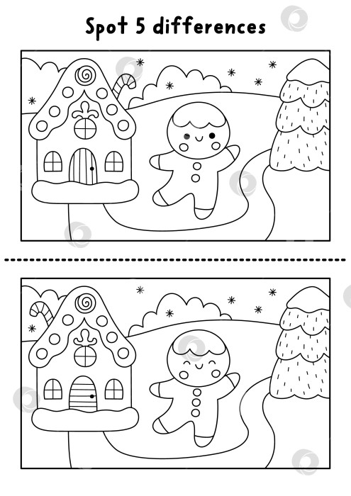 Скачать Рождественская игра "найди отличия". Черно-белое развлечение на тему зимних каникул с пряничным сюжетом. Рабочий лист для печати, раскраска для детей с забавным новогодним персонажем фотосток Ozero