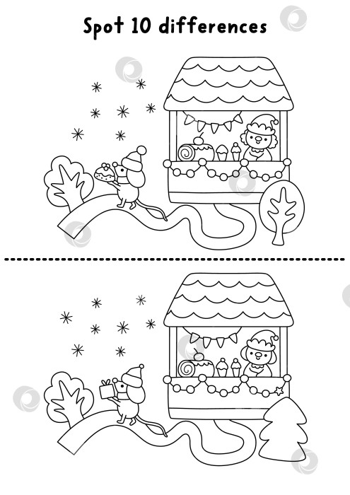 Скачать Рождественская онлайн-игра "найди отличия". Черно-белое развлечение для зимних каникул с торговым киоском, эльфом, продающим кондитерские изделия. Рабочий лист для печати, раскраска для детей с новогодним персонажем фотосток Ozero