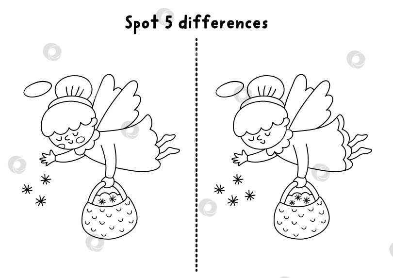Скачать Рождественская игра "найди отличия". Черно-белое развивающее занятие "Зимние каникулы" с ангелом, разбрасывающим снежинки. Рабочий лист для печати, раскраска для детей с новогодним персонажем. фотосток Ozero