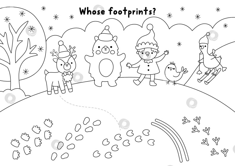 Скачать Рождественская деревня, черно-белое развлечение с животными, эльфом, следами ног. Пазл на тему зимних праздников с белым медведем, оленем, гусем на лыжах. Новогодний рабочий лист для печати, страница-раскраска фотосток Ozero