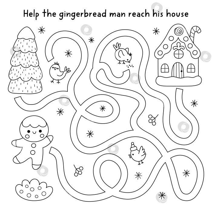 Скачать Черно-белый лабиринт в рождественской деревне с пряничным человечком, который ищет свой дом. Игра-лабиринт с традиционным печеньем, его дом. Задание для печати на зимние праздники, рабочий лист, раскраска фотосток Ozero