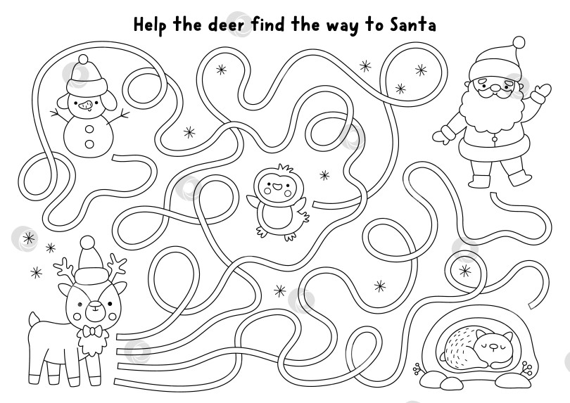 Скачать Черно-белый лабиринт в рождественской деревне с оленями, которые ищут дорогу к Санта-Клаусу. Игра-лабиринт с оленями, пингвинами, медведями, снеговиками. Задание для печати на зимние праздники, рабочий лист, раскраска фотосток Ozero