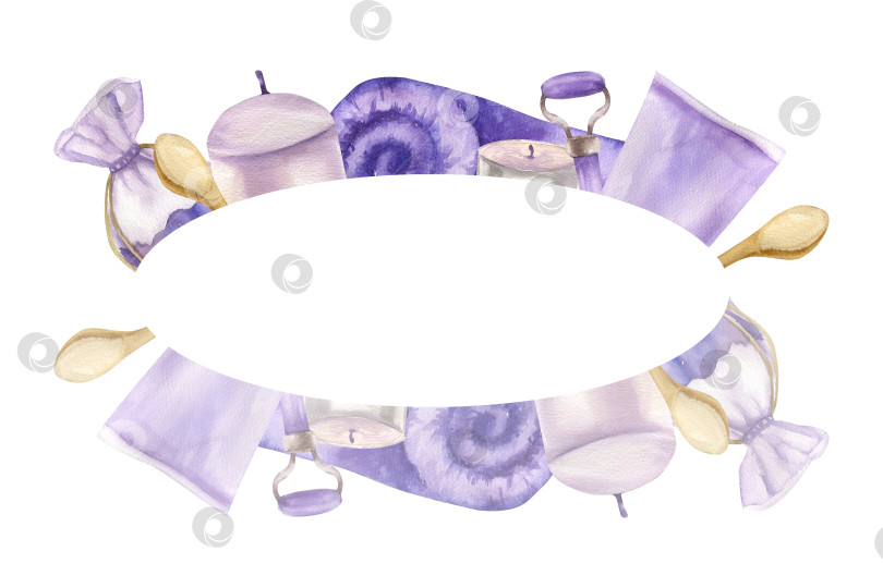 Скачать Акварельный баннер Spa wellness с акварельным саше из лавандовых трав, банным полотенцем, свечой и роликом для массажа лица. Нарисованная от руки рамка с набором для ухода за телом, клипарт косметики для дизайна упаковки. фотосток Ozero