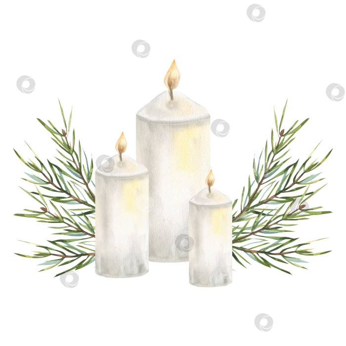 Скачать Белые свечи и вечнозеленые еловые ветки, акварельная рождественская праздничная композиция. Нарисованный от руки новогодний и зимний клипарт для традиционной поздравительной открытки, плаката, дизайна упаковки. фотосток Ozero