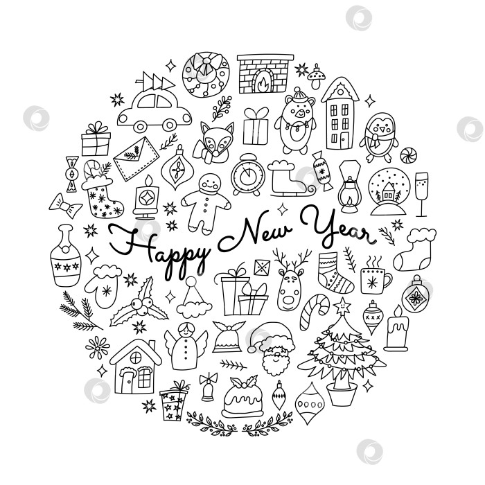 Скачать Круговая новогодняя композиция из каракулей с праздничными элементами фотосток Ozero