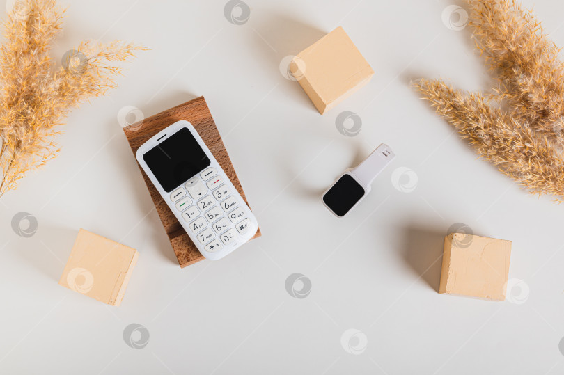 Скачать Концепция синхронизации ретро-кнопочного телефона и фитнес-браслета, вид сверху фотосток Ozero