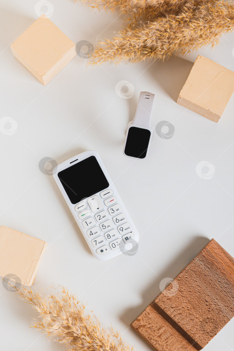 Скачать Беспроводная связь между кнопочным телефоном и фитнес-браслетом вид сверху и по вертикали фотосток Ozero