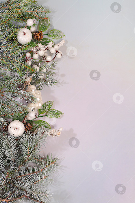 Скачать Красивый рождественский и новогодний фон с живыми еловыми ветками, украшениями и игрушками, дизайн продукта для праздничной рекламы, концепция Сочельника, праздничная зимняя открытка и баннер на экране, фотосток Ozero