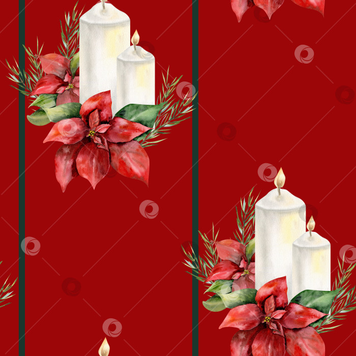 Скачать Рождественский цветочный бесшовный узор с акварельными белыми свечами, красными цветами пуансеттии и геометрическими элементами на красном фоне. Новогодний фон с зимним христианским домашним декором для праздничного текстиля фотосток Ozero