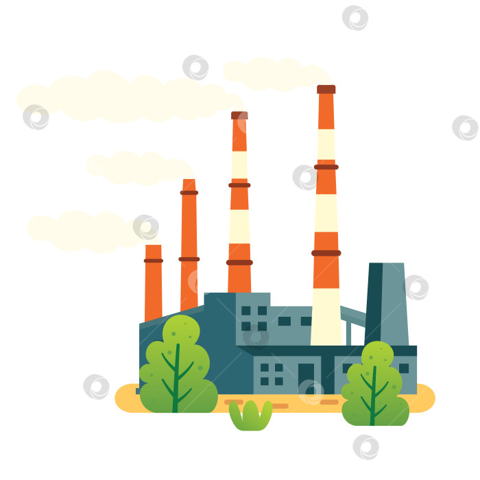 Скачать Промышленная фабрика с дымящими трубами и деревьями. Иллюстрация электростанции или производственного здания. фотосток Ozero