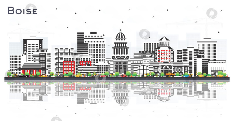 Скачать Городской пейзаж Бойсе, штат Айдахо, с цветными зданиями и отражениями, выделяющимися на белом фоне. Иллюстрация. Городской пейзаж Бойсе, США, с достопримечательностями. Концепция деловых поездок и туризма в сочетании с современной архитектурой. фотосток Ozero