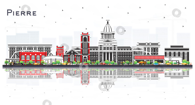 Скачать Городской пейзаж Пьера в Южной Дакоте с цветными зданиями и отражениями на белом фоне. Городской пейзаж Пьера в США с достопримечательностями. Концепция деловых поездок и туризма с современной архитектурой. фотосток Ozero
